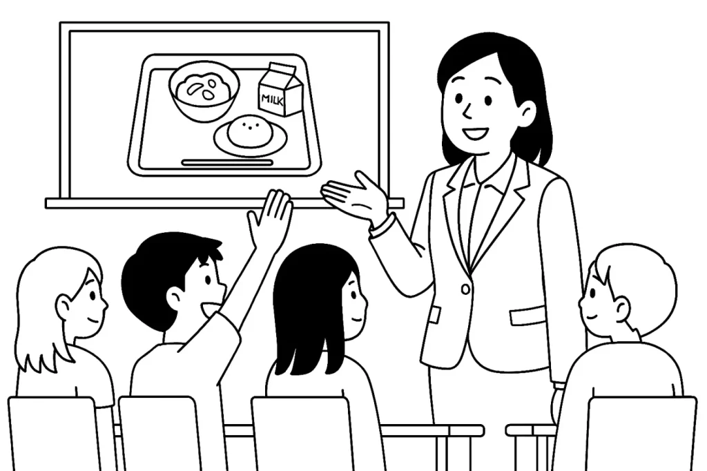 教室で電子黒板を使って給食について授業をする西川美咲先生のイラスト。画面には給食のトレーが映っており、手を挙げて発言する男子児童と、集中して聞いている他の児童たちが描かれている。
