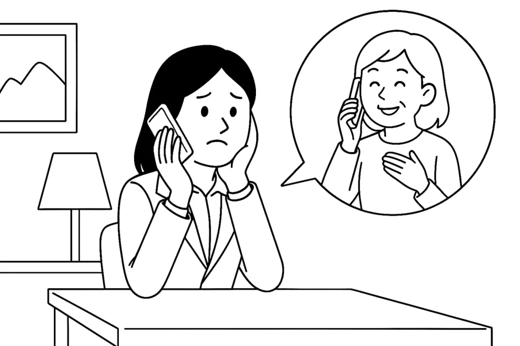 自宅で母親と電話をしている美咲のイラスト。机に向かい、困った表情で電話をしている美咲と、吹き出しの中で笑顔で電話をしている母親の姿が描かれている。部屋にはスタンドライトと資料が見える。