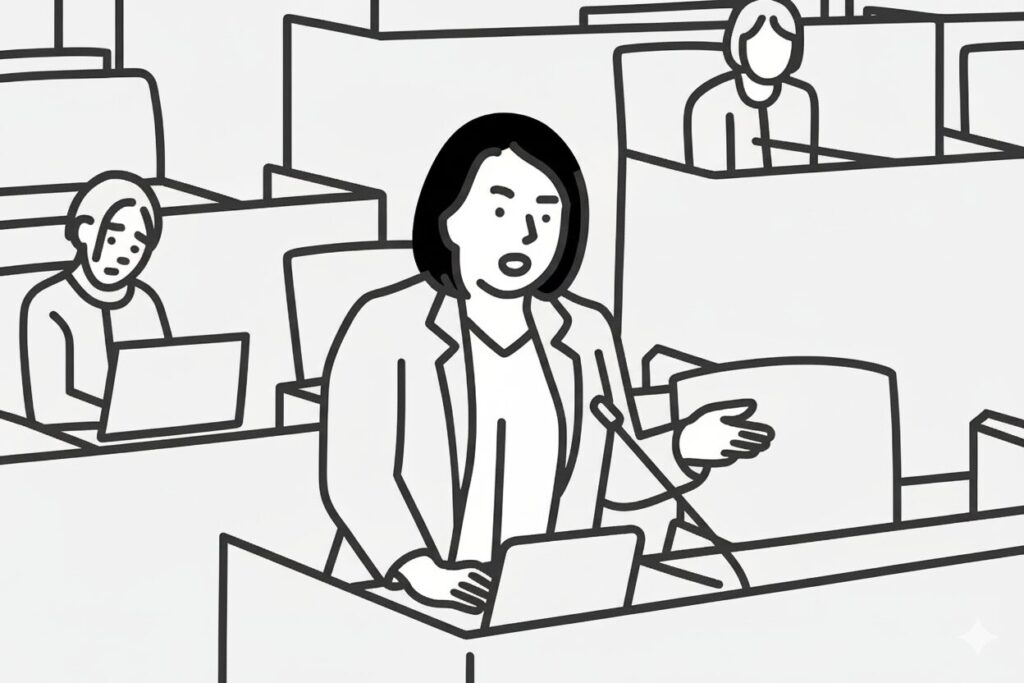 議場で場で発言をする女性の市議会議員。