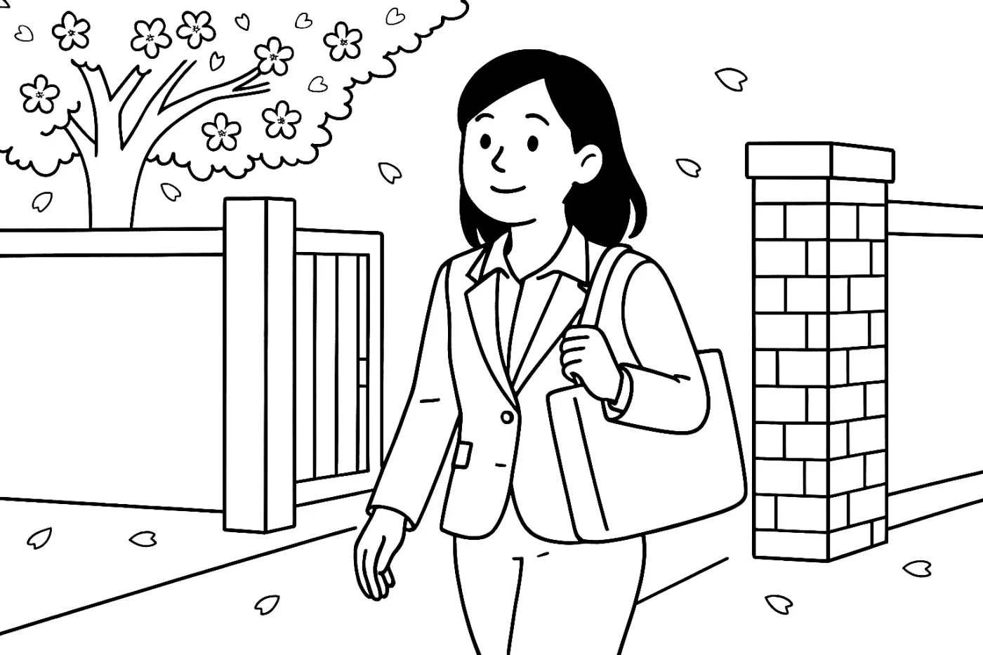桜咲く小学校の校門前を笑顔で歩く若い女性教師のイラスト。新学期の希望に満ちた表情で、トートバッグを持ち青葉台小学校に向かう西川美咲先生の姿。