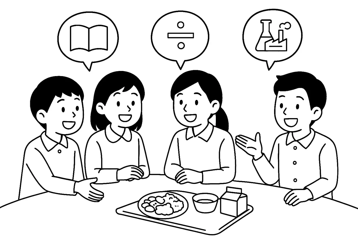 給食を囲んで座る4人の小学生のイラスト。それぞれの頭上に国語（本）、算数（割り算記号）、理科（実験器具）を表す吹き出しが浮かんでおり、給食について多角的に考えている様子を表現している。
