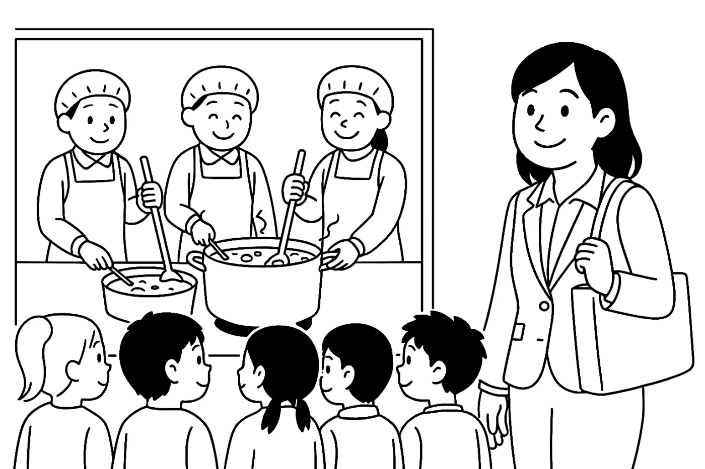 給食センターを見学する美咲先生と子どもたちのイラスト。白衣と帽子を着た3人の調理スタッフが大きな鍋でカレーを作っている様子を、美咲先生と5人の児童が興味深そうに見学している。