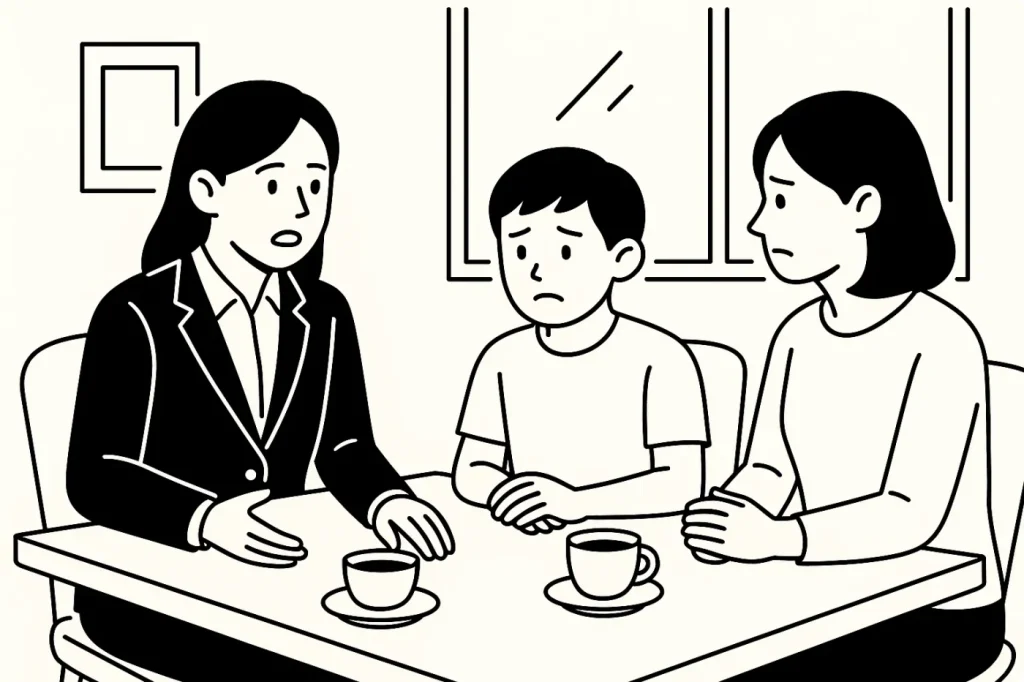 スーツを着た女性の市議と男の子とそのお母さんがカフェで話をしている。