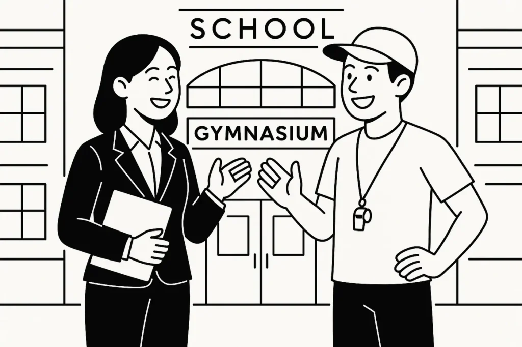 黒のスーツ姿の女性が小学校の体育館の前で、体育の先生と絵街で立って笑顔で談笑している