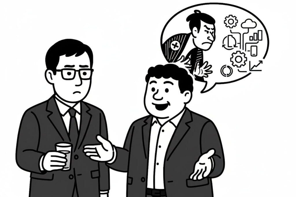 懇親会で他社の社長に無茶楽の説明をうけている様子。