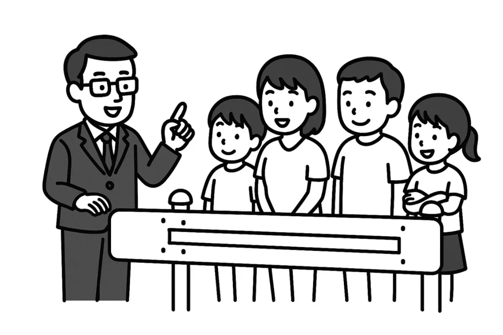 眼鏡をかけたスーツ姿の男性が人差し指を立てて説明し、4人家族（父母と子ども2人）が笑顔でガードレールの前に立っているモノクロイラスト
