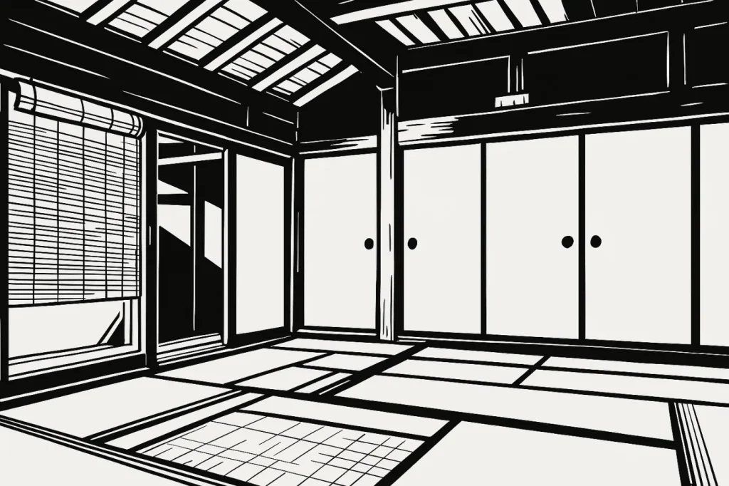 古民家リノベーション蔵庵のモノクロの線画イラスト