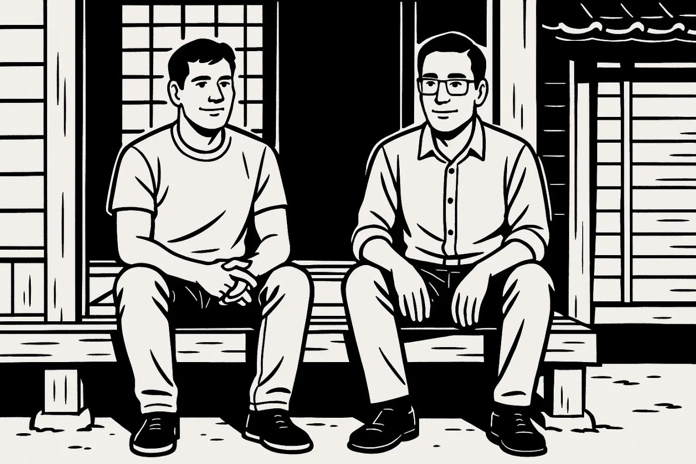 古民家の縁側に座って談笑する男性2人・