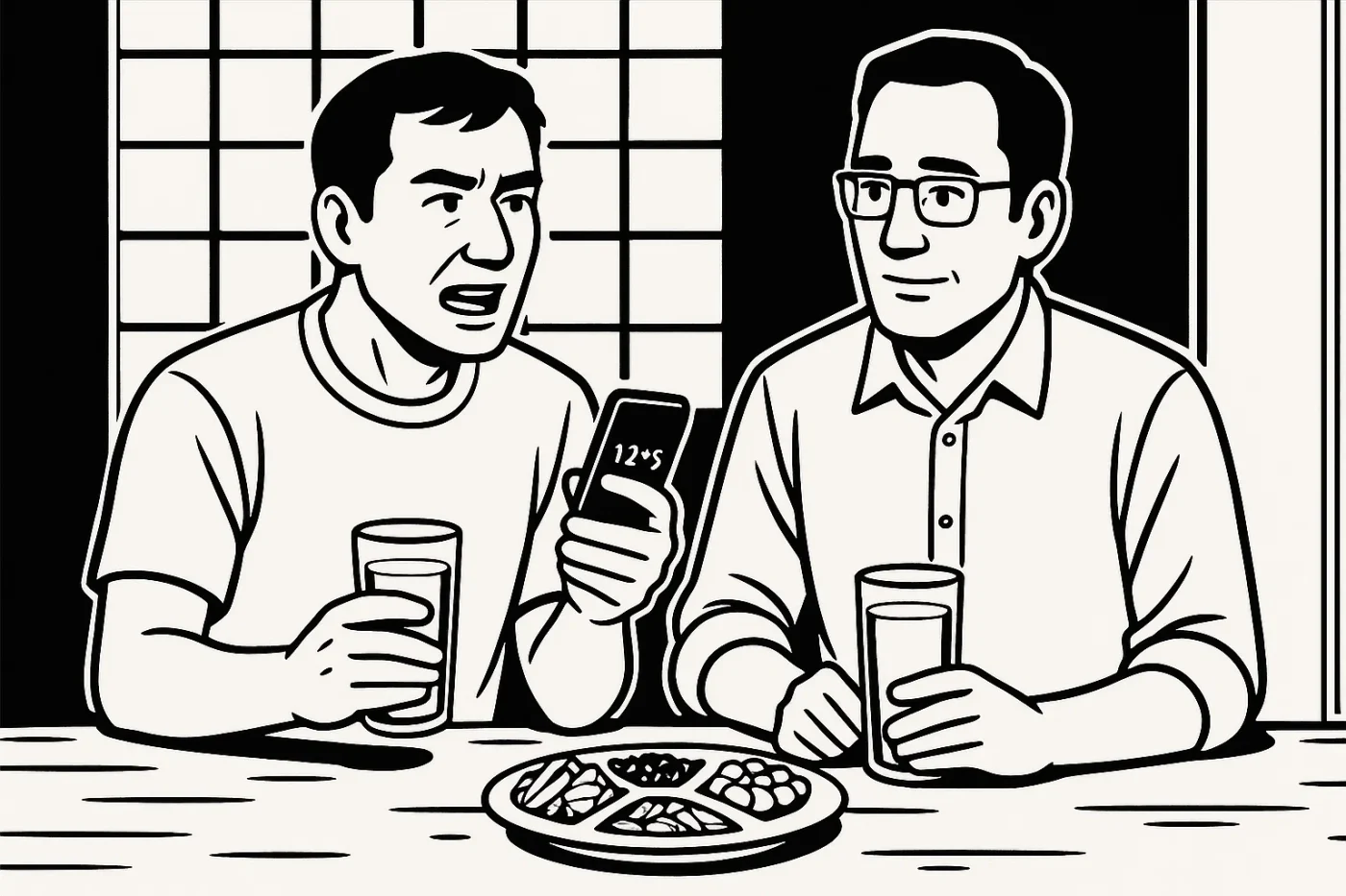 左が森山（55歳）。右が成田（57歳）。この二人が古民家の土間のテーブルでビールコップをもって飲んでいる。おつまみは5種盛りのつまみ。左の森山がスマホの数字を見せて熱く語っているのを右の成田が話を聞いている。