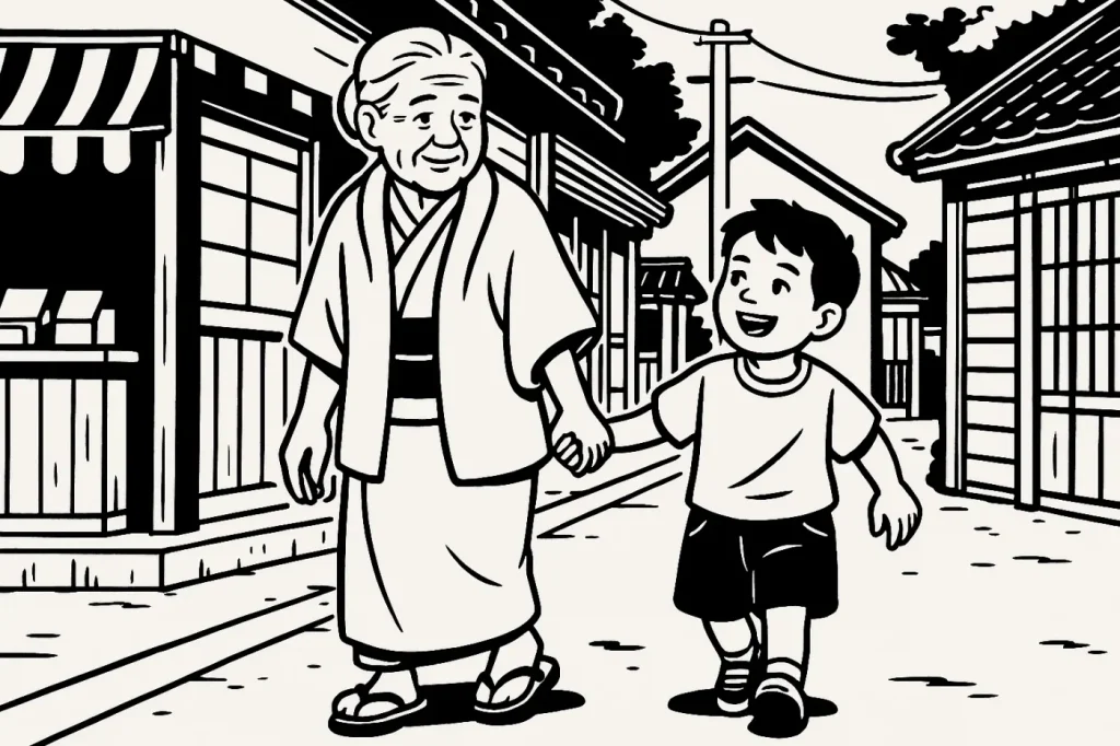 下町の街角でおばあちゃんと5歳くらいの孫が楽しそうに散歩している。