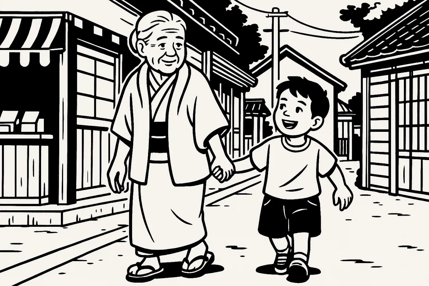 下町の街角でおばあちゃんと5歳くらいの孫が楽しそうに散歩している。