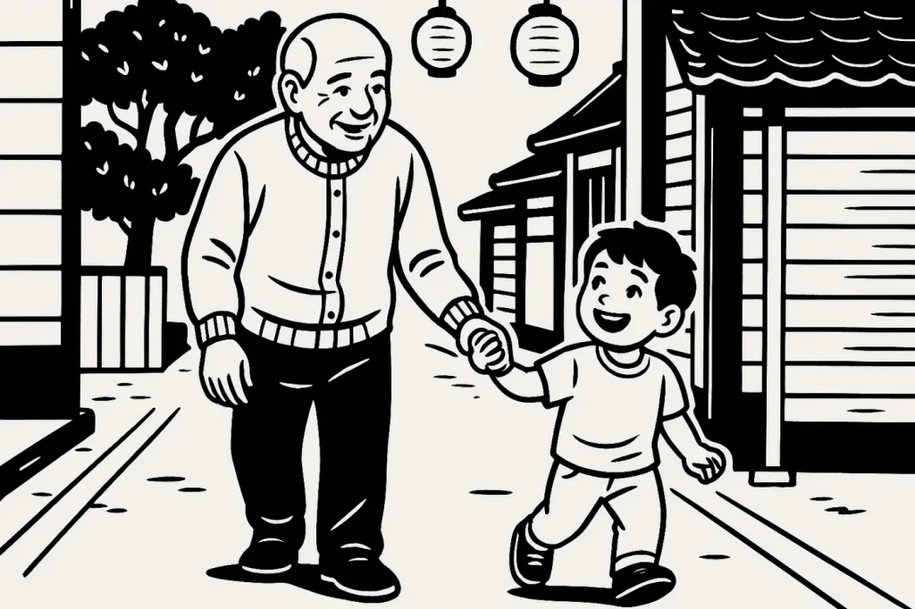 下町の街角でおじいちゃんと5歳くらいの孫が楽しそうに散歩している。 この同じタッチで生成して。