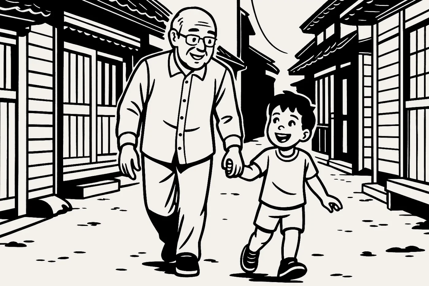 下町の街角でおじいちゃんと5歳くらいの孫が楽しそうに散歩している。 この同じタッチで生成して。