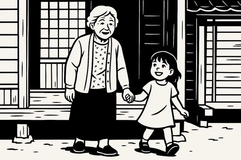 下町の街角でおばあちゃんと5歳くらいの孫が楽しそうに散歩している。