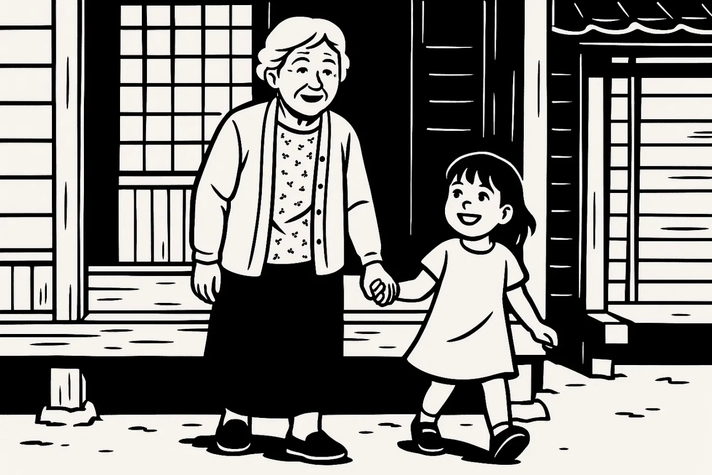 下町の街角でおばあちゃんと5歳くらいの孫が楽しそうに散歩している。